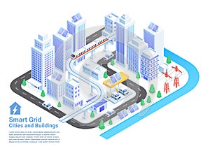 Smart grid cities and buildings isometric vector illustrations photo