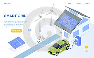 Smart grid isometric design concept. Smart detached house, renewable energy, solar panels, windmills, bio-fuel, electric