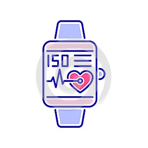 Smart hand watch color line icon. Heart rate measurement. Isolated vector element. Outline pictogram for web page, mobile app,