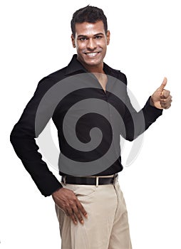 Smart, handsome, young indian man giving thumbs up