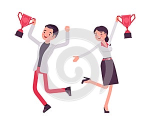 Smart happy businessman, businesswoman, business manager winning trophy cup