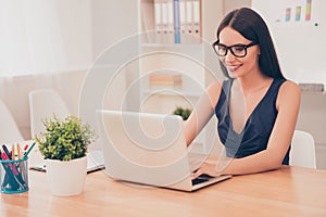 Smart happy successful pretty businesswoman working with laptop