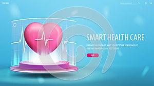 Smart health care, blue banner with interface elements and 3d heart on pink podium