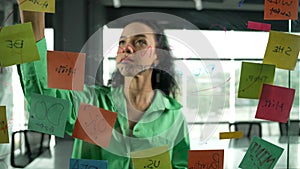Smart hispanic businesswoman writes marketing ideas on glass board. Manipulator.