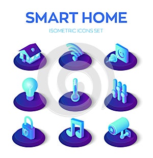 Smart home. 3D isometric icons set. Remote house control system. IOT concept. Smart home connection and control system devices.