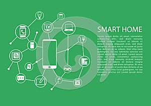 Smart home automation concept with mobile phone connected to network of devices.