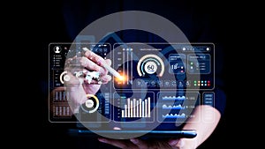 Smart home automation control system concept. Man using the management system to control smart home dashboards remotely by photo