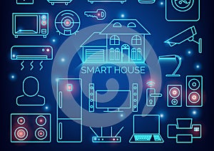 Smart home automation vector background. Connected smart home devices like phone, smart watch, tablet, sensors