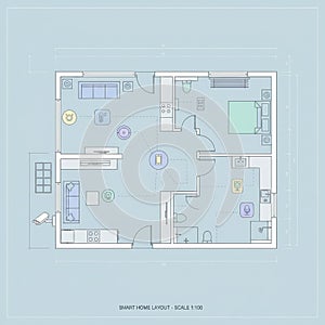 Smart Home Blueprint Layout with Connected Devices and IoT System