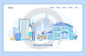 Smart Home with Central Control System. House automation concept, mobile app. The couple monitors indicators of security, thermost
