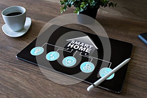 Smart home concept, control panel software on device screen.