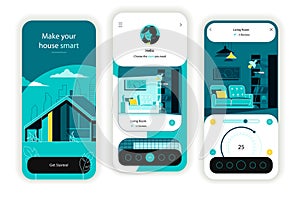 Smart home concept onboarding screens. Remote control of temperature sensors, energy, security system in app. UI, UX, GUI user