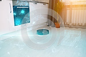 Smart home concept, remote control of a robot vacuum cleaner via the Internet and detection of kitchen pollution by artificial int