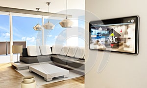 Smart home concept. Tablet with smart home controls on the wall of the house. 3D illustration