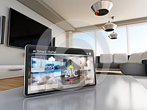Smart home concept. Tablet with smart home controls on the wall of the house. 3D illustration