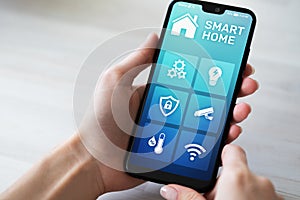 Smart home control application on mobile phone screen. Automation and iot concept.
