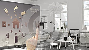 Smart home control concept, hand controlling digital interface from mobile app. Background showing scandinavian bedroom with