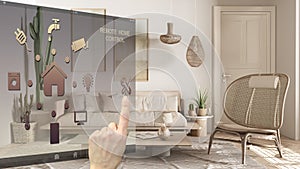 Smart home control concept, hand controlling digital interface from mobile app. Background showing scandinavian living room with