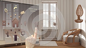 Smart home control concept, hand controlling digital interface from mobile app. Background showing scandinavian living room with
