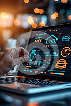 Smart home control interface on laptop screen in a cozy setting