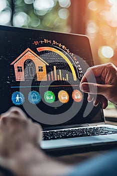 Smart home control interface on laptop screen in a cozy setting