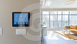 Smart home control panel managing modern apartment lighting and temperature