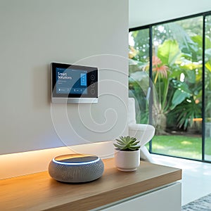 Smart home control panel and speaker in living room
