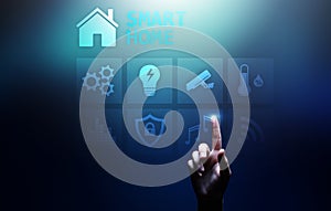 Smart home control panel on virtual screen. Internet of things, IOT, process automation concept.