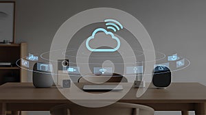 Smart home devices connected to a cloud icon on a table