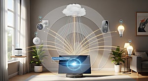 Smart home devices connected to cloud computing with data exchange in progress on computer screen