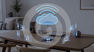 Smart home devices on a table with a cloud computing and Wi- Fi icon