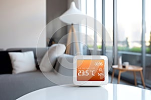 A smart home digital thermometer and hygrometer, temperature and humidity monitor on a coffee table in a contemporary modern
