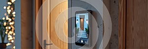 Smart home door security system with wall-mounted control panel in modern interior