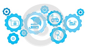 Smart home gear blue icon set. Abstract background with connected gears and icons for logistic, service, shipping, distribution,