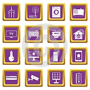 Smart home house icons set purple