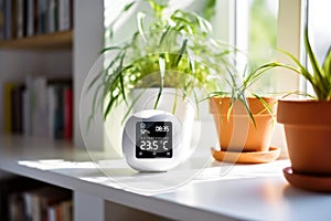 A smart home hygrometer displays humidity and temperature in a well-lit room near houseplants. Concept of technology for everyday