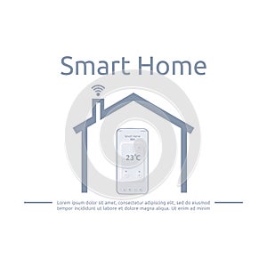 Smart home icon. Home control via mobile phone. Remote control on the smartphone screen with the temperature in the