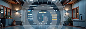 Smart home integrated garage with interactive control panel displaying vehicle information photo