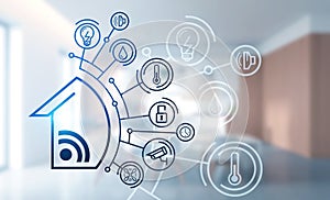 Smart home interface in blurry kitchen