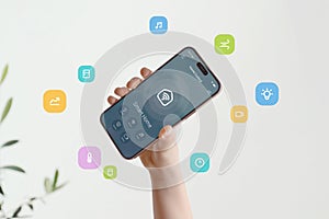 Smart home interface featuring multiple home automation functions visualized through bright graphic elements