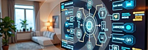 Smart home interface in modern living room with connected devices and data visualization