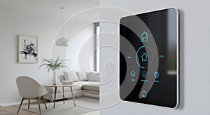 Smart Home Interface Panel on White Wall in Modern Living Room