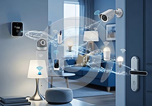 Smart home interior featuring interconnected devices. Visible items
