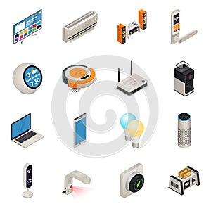 Smart home internet connected devices isometric colorful icon set.