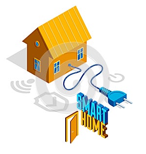Smart home IOT concept electronics modern house vector isometric illustration, smart security, app distant automated future