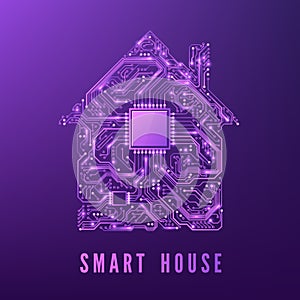 Smart Home or IOT Concept. Purple Circuit House with CPU. Future and Innovation Technology Background. Vector Illustration
