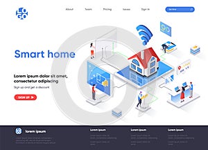 Smart home isometric landing page. Online home control, monitoring and management, house system automatization isometry photo