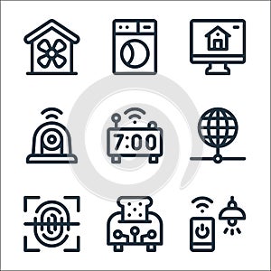 smart home line icons. linear set. quality vector line set such as smart light, toaster, fingerprint, internet, smart clock, cctv