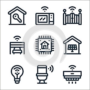smart home line icons. linear set. quality vector line set such as smoke detector, toilet, smart light, solar cell, chip, garage,
