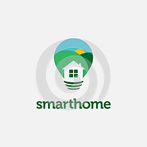 Smart home logo, home landscape and lighting bulb nature logo icon vector template